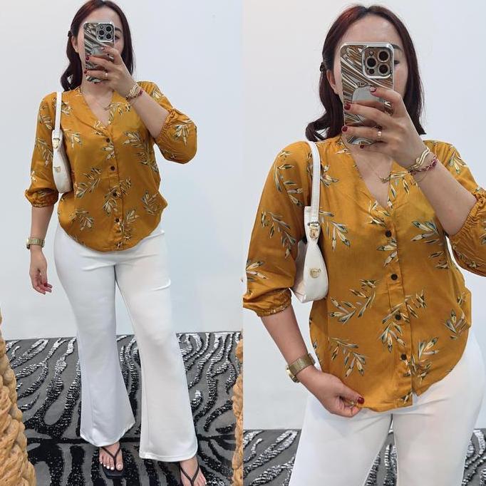 Grosir Natalia | Blouse Kancing Motif Daun Bahan Cotton Rayon Baju  Atasan  Wanita Panjang Karet Var