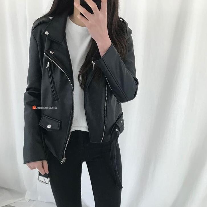 Exclusive Jnk X Rms - Jaket Kulit Wanita Ramones Changcuters Korea Blazer Style Punk Women Shirt Bla