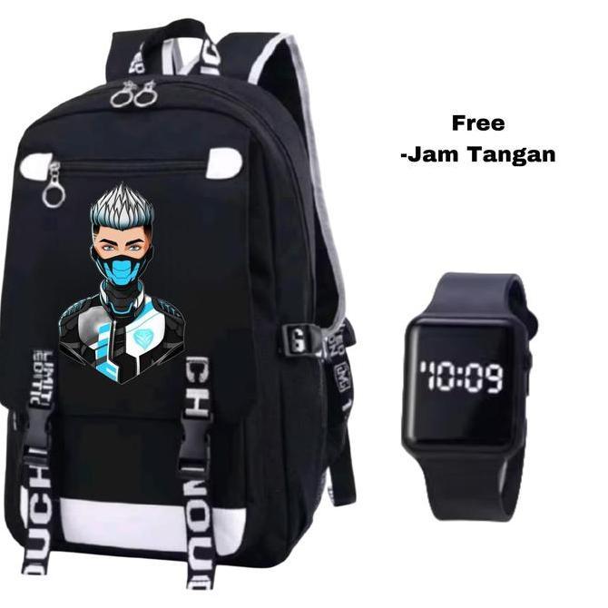 DB204 >> Tas Ransel Karakter FF Keren + My Bottle + Jam Digital + Jas Hujan Tas Untuk Anak Cowok SD 