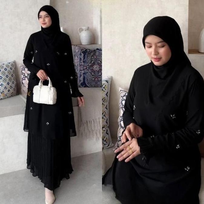Setelan Uzma Set Rok Plisket Wanita Muslim Atasan Tunik Model Payet Kekinian Simple Terbaru Warna Co