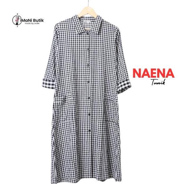 Imani Butik | Fashion Muslim Tunik Naena Kotak Casual Katun Dress Midi Baju Atasan Panjang Pendek Im
