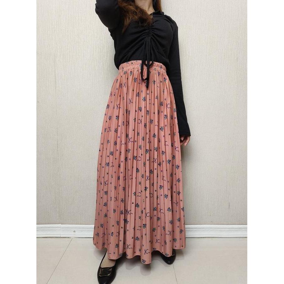 Rok Wanita Bawahan Muslim Plisket Motif Bunga Pita