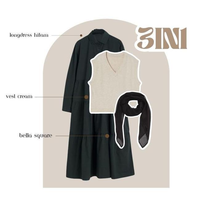One Set Casual Hijab terbaru 3IN1 | Longdress Gamis Hitam Vest Rajut Bella Square | Setelan Wanita R