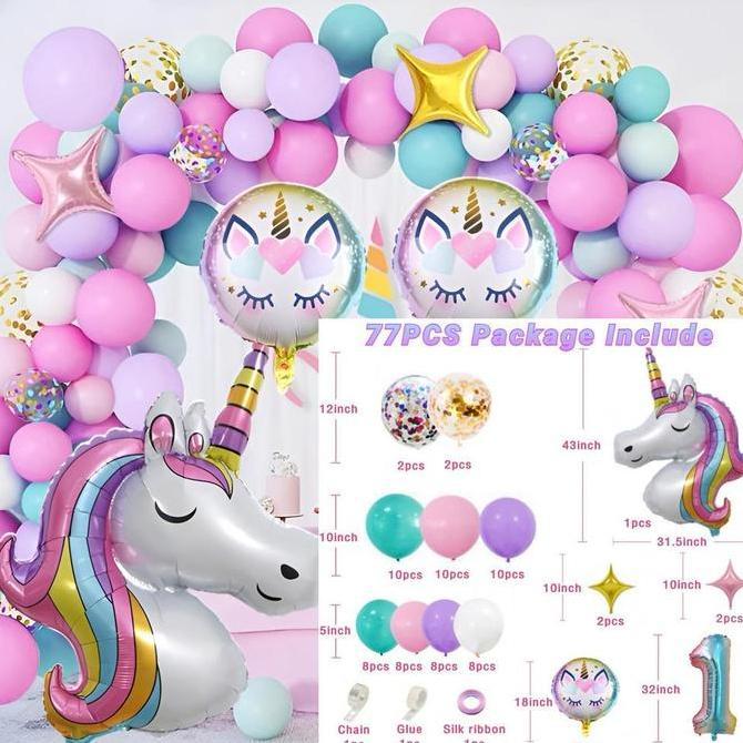 Set Balon Pelangi Unicorn Dekorasi Ulang Tahun Anak Perempuan Baby Shower Merah Muda Ungu Pesta Late