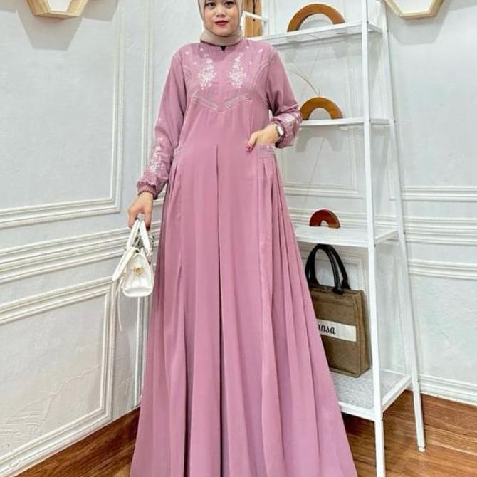 Leony Gamis Dress Bordir Wanita Muslimah Bahan Crinkle Airflow Premium Termurah