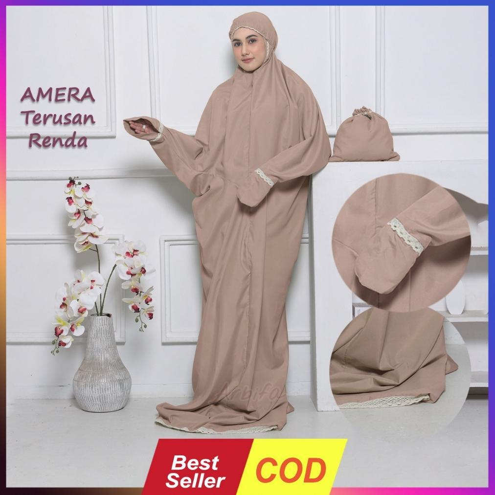 Arbifa | Mukena Terusan Dewasa Amera Traveling Jumbo Dewasa Polos Renda Rajut Arbifa