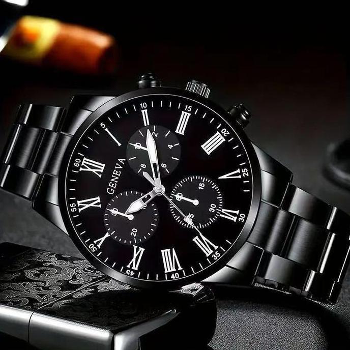 DV236 - Jam Tangan Kuarsa Pria Bisnis Skala Romawi Dial Bulat Tali Jam Tangan Stainless Steel Kalung