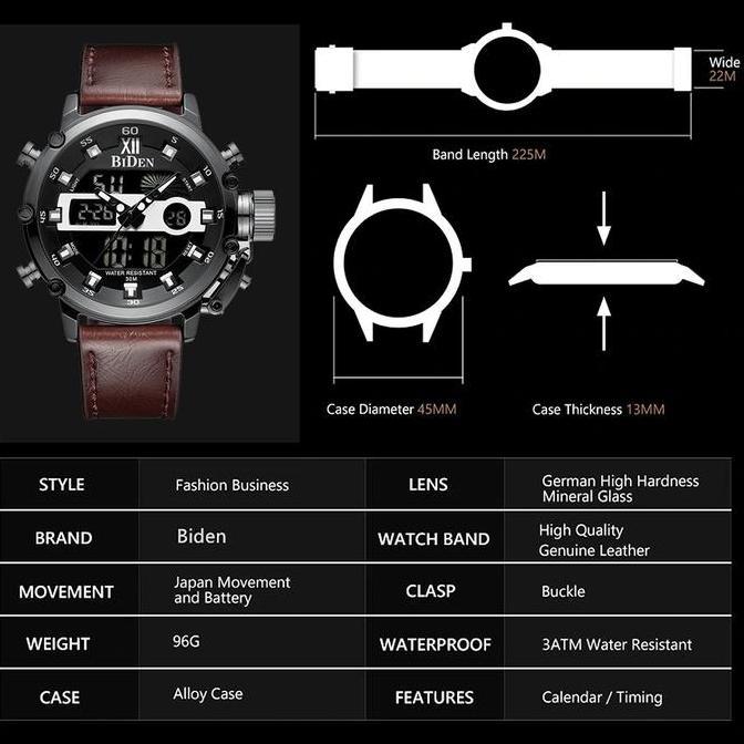 DY3 >> BIDEN Jam Tangan Pria Olahraga Militer Analog&Digital Tali Tali Kulit Anti Air Kuarsa Jam Tan