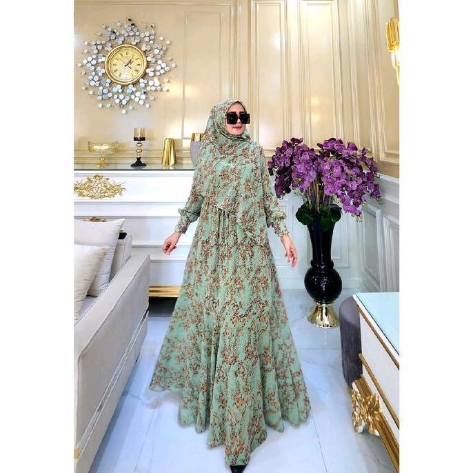 Gamis Premium Set Jilbab Segi Empat Ceruty Babydoll Motif Bunga Cantik