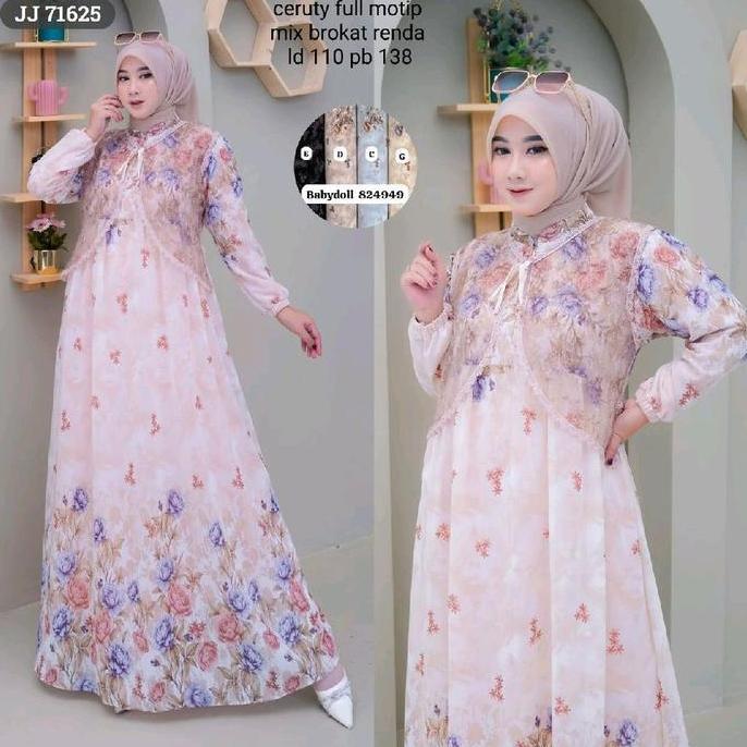 Gamis Ceruty Full Motif Mix Brokat Renda Long untuk Wanita Muslim Syari - Dress, Pesta, Dewasa, Mewa