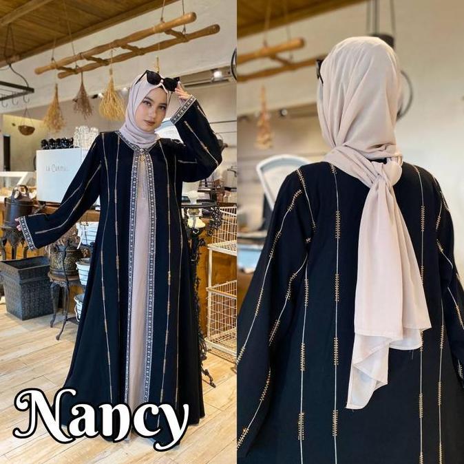 Abaya Mesir Mewah Elegan Inner Outer One Set Gamis Jetblack Muslim Syari - NANCY Best Seller