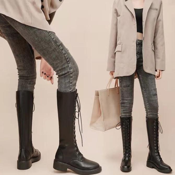 Diskont Sepatu Boots Wanita Panjang Hak Sedang Fashion Shoes 270 Pertengahan Betis Hitam Sfw Tapak K