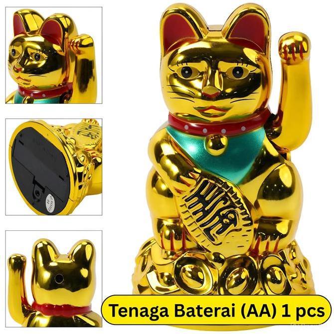 Pajangan Kucing Hoki (Tenaga Baterai) Rejeki Keberuntungan Tinggi 10, 12, 13, 14 & 16 Cm Emas LA