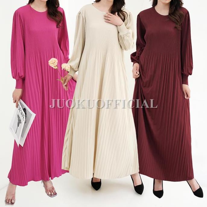 Mbgx- Maxi Dress Plisket Lidi Cabang Lengan Balon / Dress Lengan Panjang / Dress Panjang / Gaun Plis