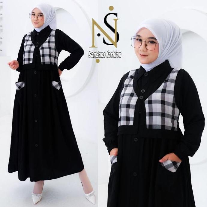 Termurah  Yumna Midi Dress Muslim Katun Vest Kotak Wanita Remaja Dewasa Cantik Rayon Casual