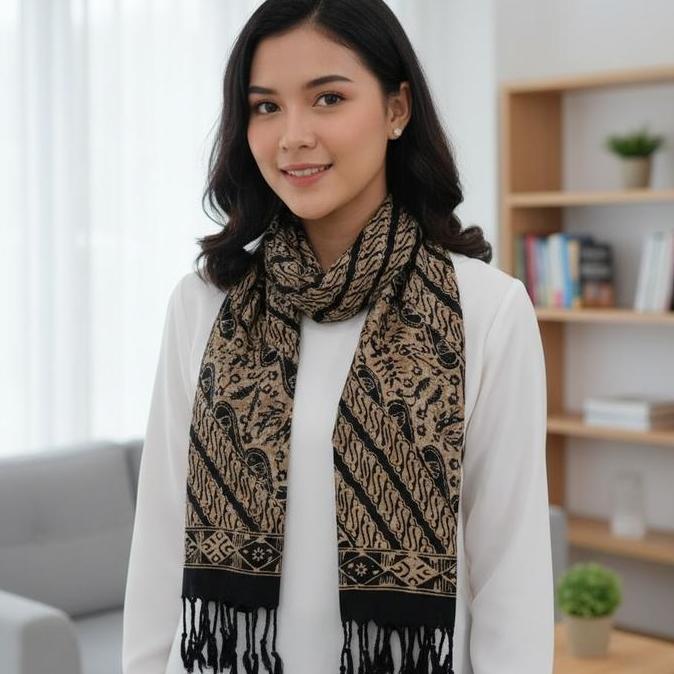 Syal Hitam Gold Premium - Scarf Batik Cap Parang Kuning Halus Terbaru Kain Selendang Santung Nyaman 