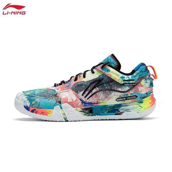 Terbaru New Limited Sepatu Badminton Lining Saga Iii Pro / Saga 3 Pro Ayav001 Scuba Blue / Neon Roar