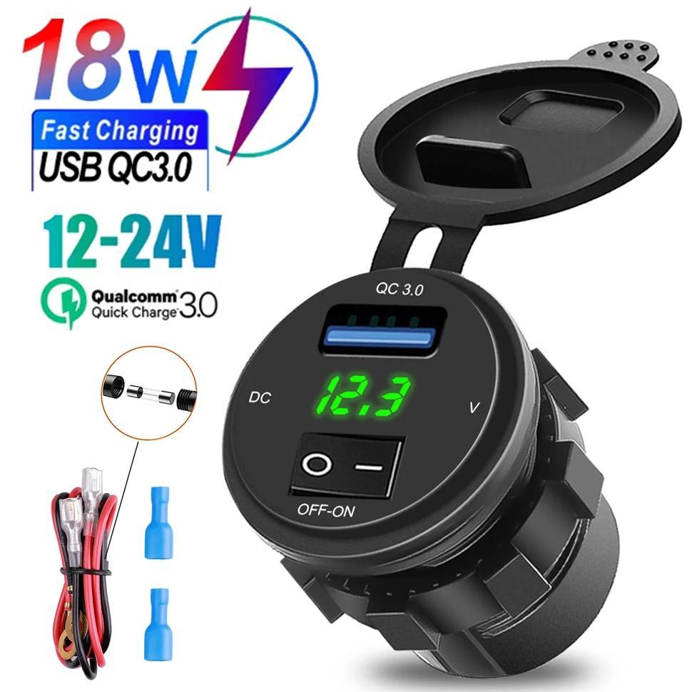 LED Quick Charge 3.0 USB Car Charger With ON-OFF Switch Socket Digital Display Voltmeter USB Charger