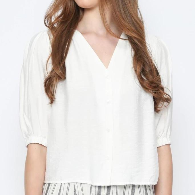 VALINO LADIES Blouse V Neck Lengan Pendek Puff Putih Wanita Dengan Pleats Di Bahu Bahan Cotton Size 