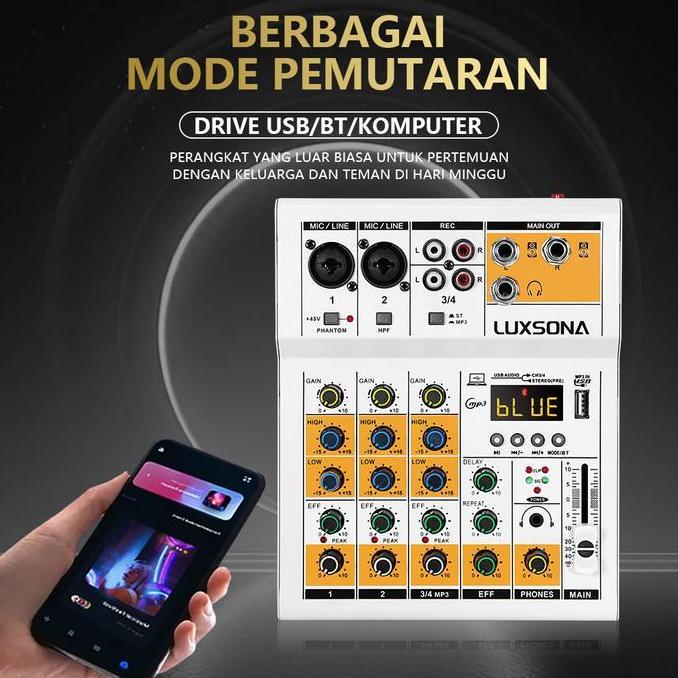 rizkashop99 - luxsona audio mixer 4 saluran/mixer dengan reverb bawaan/mixer audio murah/misker mini