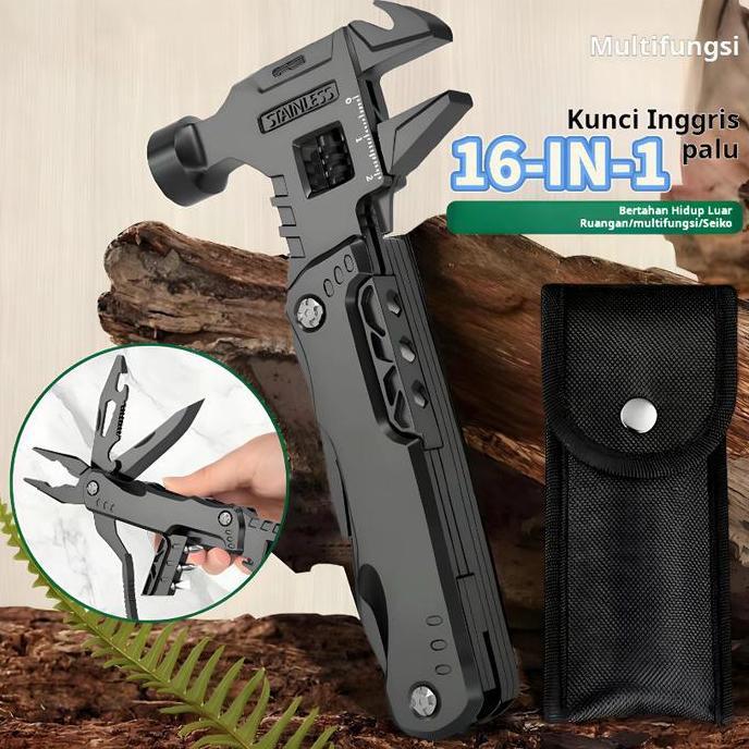 Kunci Tang Lipat Serbaguna 16-in-1 (untuk outdoor, emergency, toolkit mobil) lengkap pisau, tang, ob