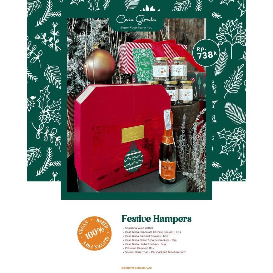 Casa Grata Festive Christmas Wine Hampers - Gluten Free & Vegan dengan 1 cookies, 2 cookies, 2 crack