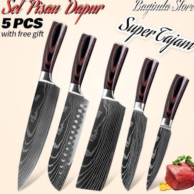 Set Pisau Dapur Baja Damaskus Original Damascus Pisau Daging 5 pcs terlaris