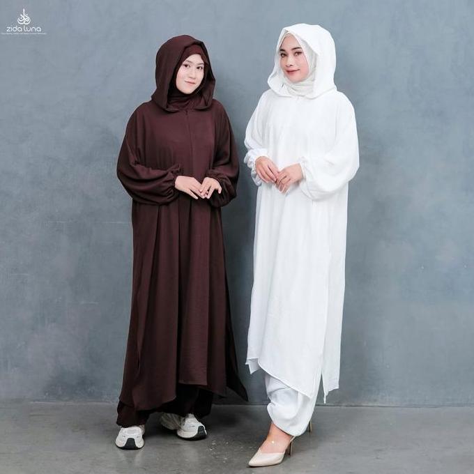 Zida Luna Mecca Set Hoodie Sporty & Celana Sirwal Panjang Bahan Crinkle Premium Hitam Setelan Olahra