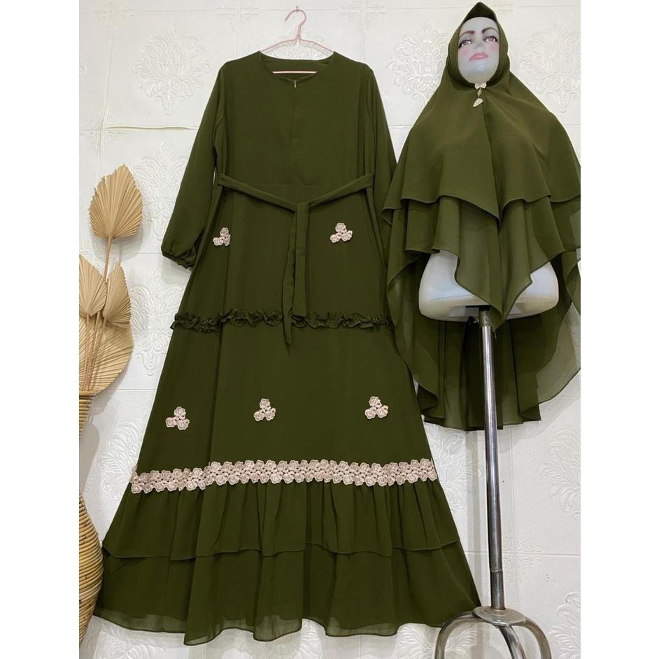 BIG SALE Gamis Syari Ceruty Renda / Gamis Terbaru Mix Renda Bunga Cantik / Gamis Ceruty Babydoll