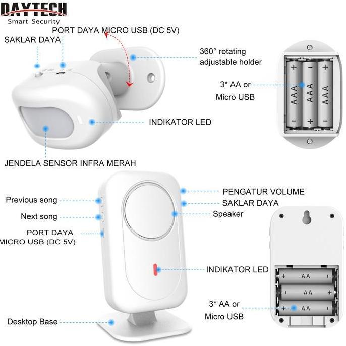 DAYTECH Alarm Infrared Terpisah Sudut Deteksi 180 Rumah Kosong Aman 24 Jam Sensor Gerak Anti Maling 