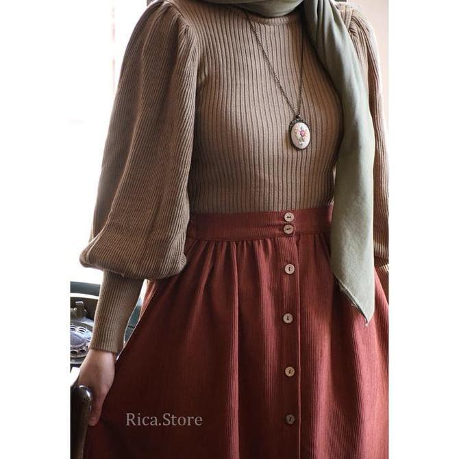 BLOUSE WANITA KNIT AQILA lengan balon bahu rempel Knitwear Baju Atasan