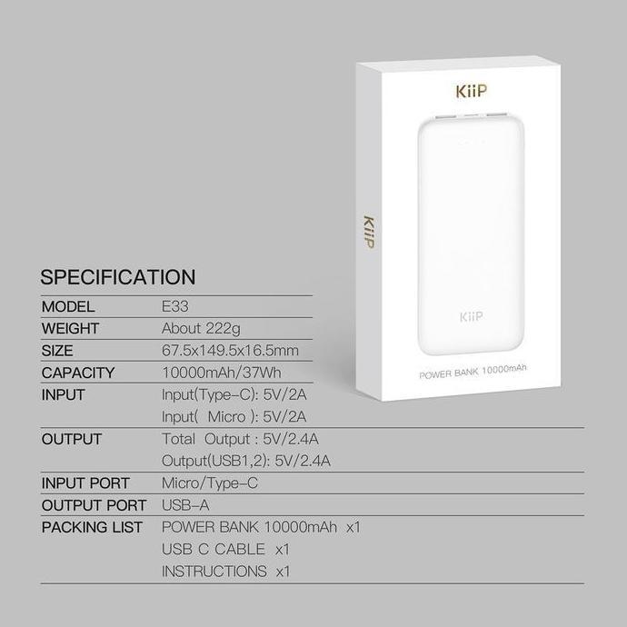BEST SALE KIIP E33 / E-33 POWER BANK SLIM 10000MAH DUAL INPUT TYPE-C MICRO USB PORT POWERBANK