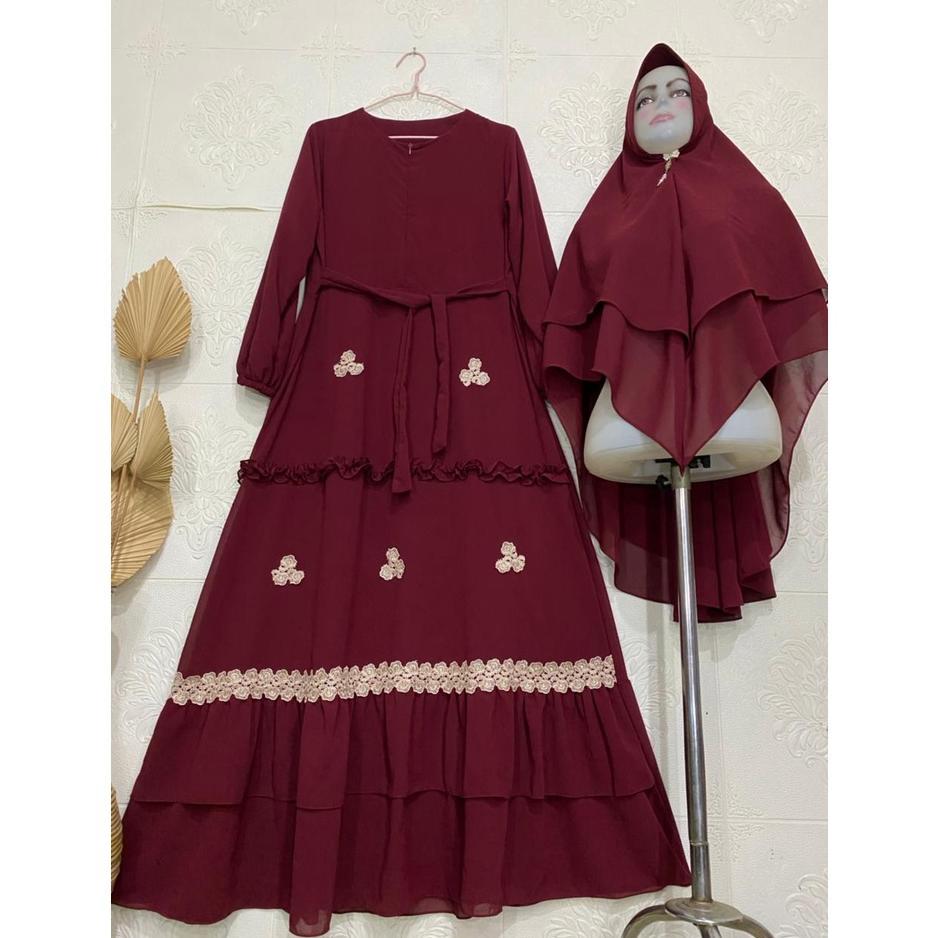 sale Gamis Syari Ceruty Renda / Gamis Terbaru Mix Renda Bunga Cantik / Gamis Ceruty Babydoll