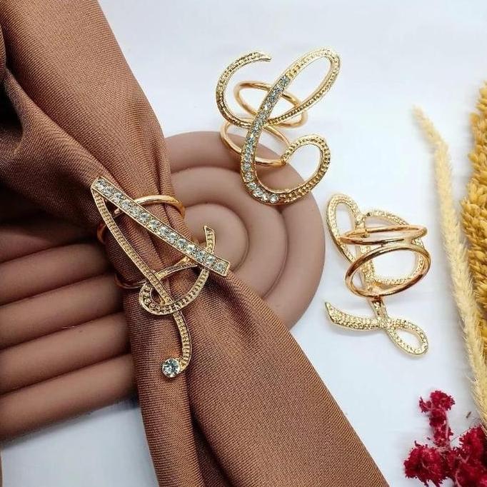 Gasajasii- Ring Huruf Abjad Alfabet Inisial Emas Mewah Hijab Ring- Bros Huruf Clips Elegan