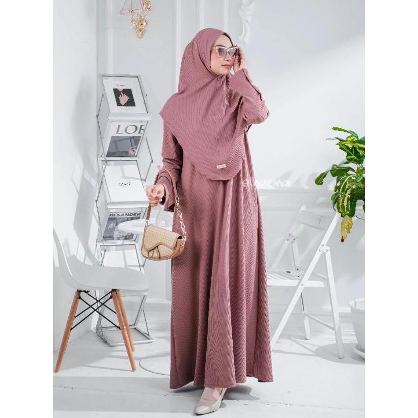 Inayah Gamis set khimar syari by Amerta Hijab matt Caramel Knit Premium - gamis resleting zipper dep