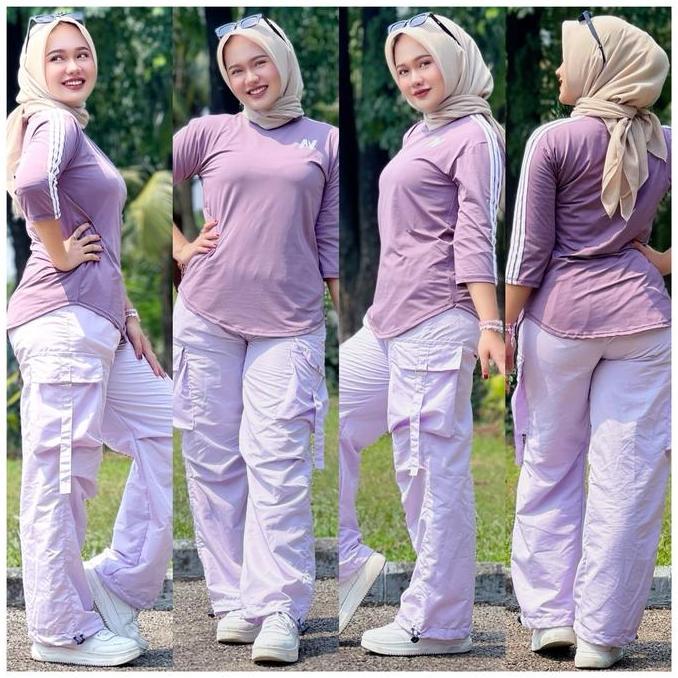 Lansungkirim- 1Set Atasan N Petir & Harajuku Lilac Atasan Baju Bahan Spandek Celana Cargo Bahan Para