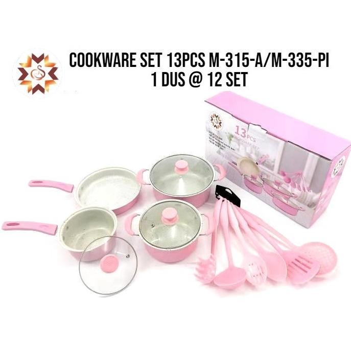 DISKON COOKWARE SET 13PCS PINK/HIJAU PERALATAN MASAK PANCI SET/ PANCI SET WAJAN PENGGORENGAN SPATULA