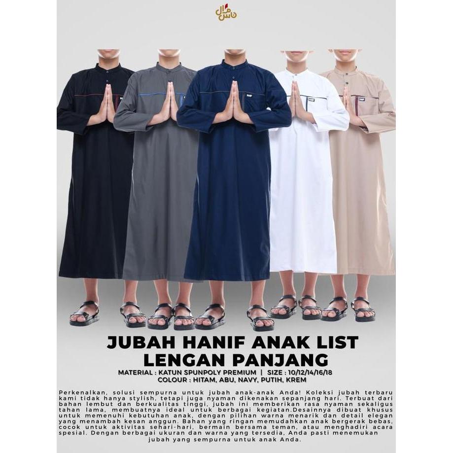 Baju Jubah Gamis Anak Pria Arab Pakistan Model Hanif List Lengan Panjang KerahOblong Free Peci