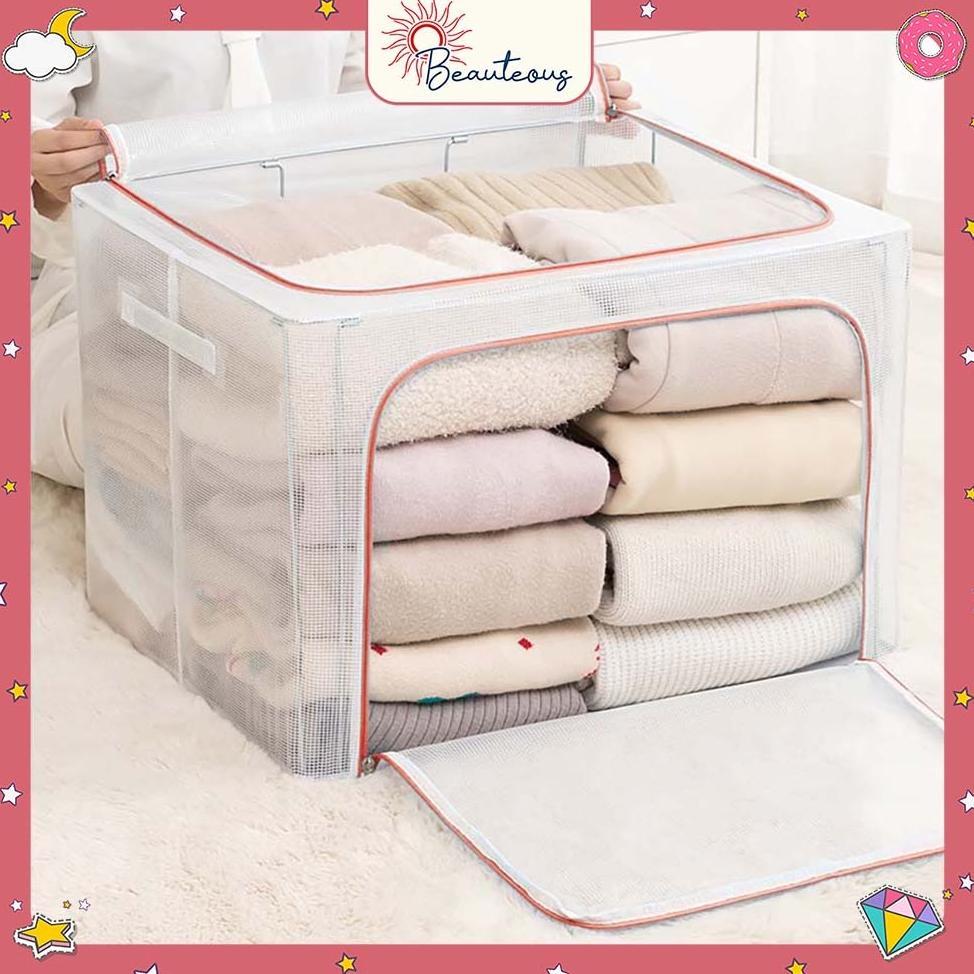 Storage Box Transparan Tempat Penyimpanan Baju Bad Cover Box Organizer Resleting Serbaguna
