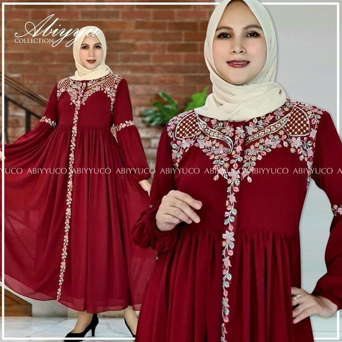 Abiyyuco TA9014 | Dress Ceruty Babydoll Busui Gamis Ceruty dengan Bordir Cantik Warna Hitam Maroon H