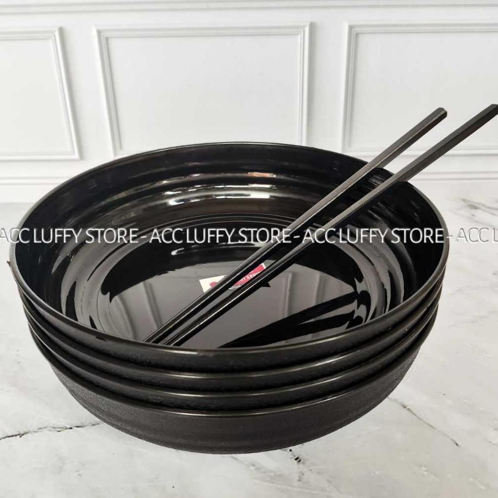 6 PCS Piring Ramen Japan (Bonus Sumpit) - Piring Hitam Ramen Model Ulir - Piring Bulat Hitam - Pirin
