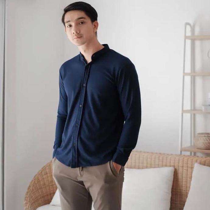 BELANJA SEKARANG ALJOSA Kemeja Pria Polos Navy Biru Dongker Lengan Panjang Kerja kantor Slimfit Baju