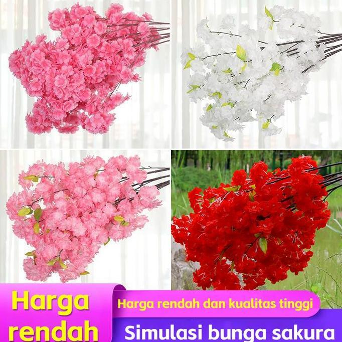 TERSEDIA (10 PCS) Cabang bunga sakura dengan daun hijau tiruan yang realistis, dekorasi bunga sakura
