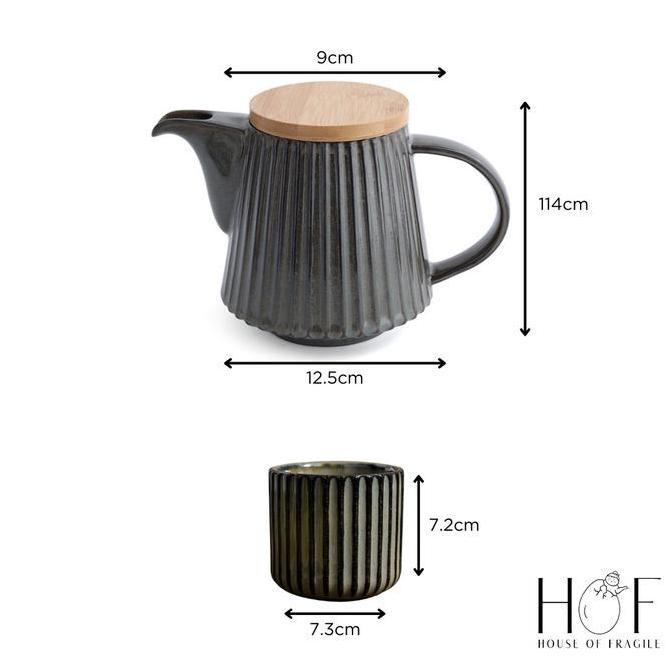 HOF SUTO Teko Set Keramik 7 in 1 Cangkir Set Aesthetic Satu Set Gelas dan Teko Nampan Kayu Desain Mo