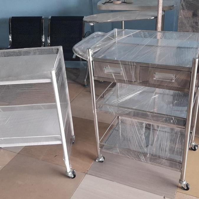 trolley instrumen 3 rak 2 laci stainless - meja instrumen 3 susun