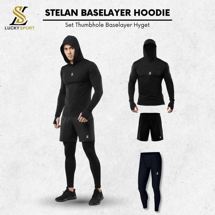 Letsfit- Baselayer Pria Wanita Manset Hoodie Olahraga Baselayer Hoodie Kupluk Sport