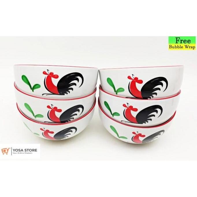 [Paket 6Pcs] Mangkok Keramik Motif Ayam Jago Siera Tebal Size 4 inchi