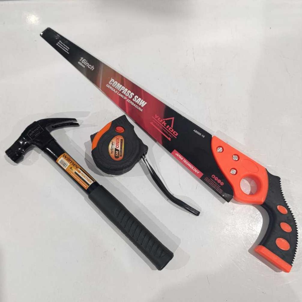 DISKON PAKET TUKANG MURAH - GERGAJI KAYU BAJA ASLI SIAP PAKAI- PALU KAMBING GAGANG BESI , METERAN VI