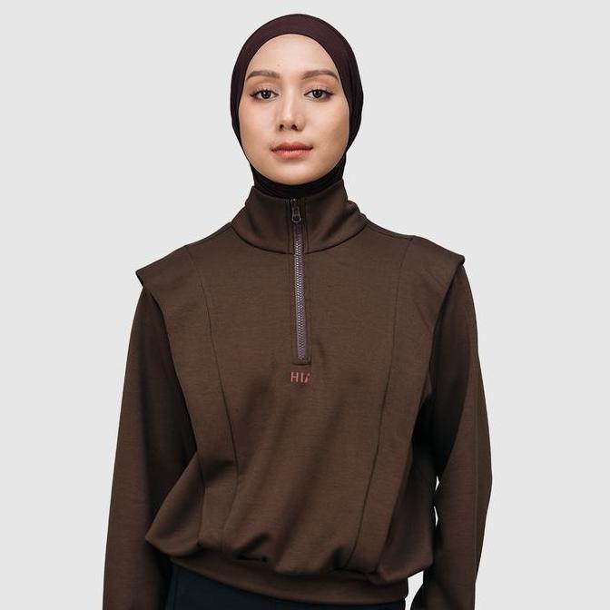 BEBAS ONGKIR - HIA Everywear Nomi Half Zip Sport Sweater Brown Oversize Fit Olahraga Running Gym Pad