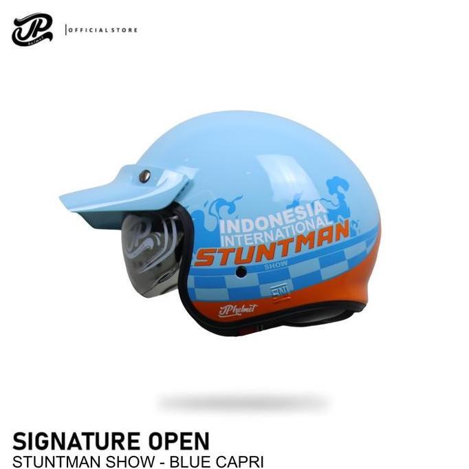 NEW Helm Half Face JP Signature Open Stuntman Show - Blue Capri